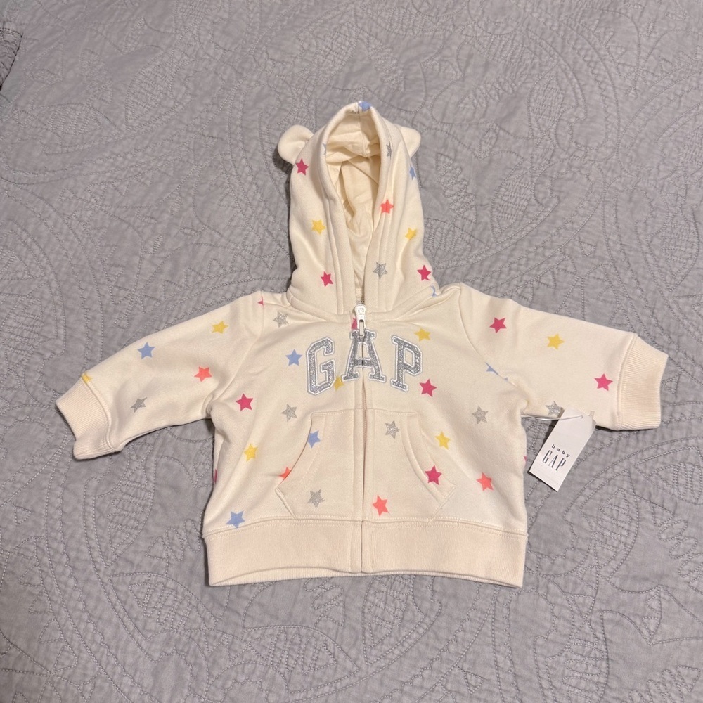 NWT GAP BabyGap Logo Zip Hoodie with Multicolor Stars 0-3 Months